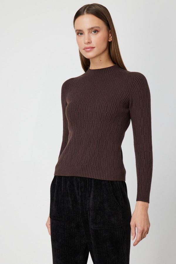 On Kadın Sıfır Yaka Örgü Desenli Triko Kazak 69314 Kahverengi - Image 1