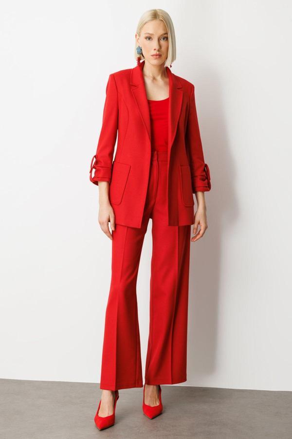 Ekol Kadın Pile Detaylı Bol Paça Pantolon 5059 Kırmızı - Image 1