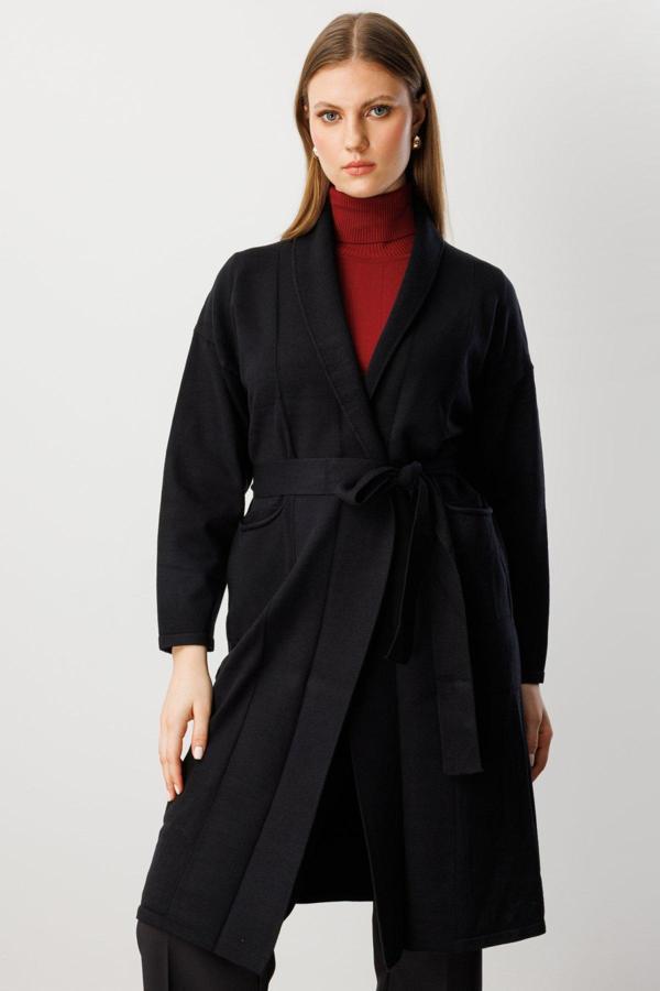 On Kadın Büyük Beden Beli Kuşaklı Şal Yaka Hırka 60900 Siyah - Image 1