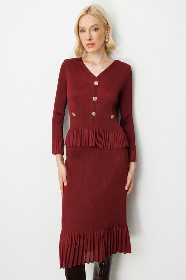 Ekol Kadın Süs Düğmeli Piliseli Bluz 3913 Bordo - Image 1