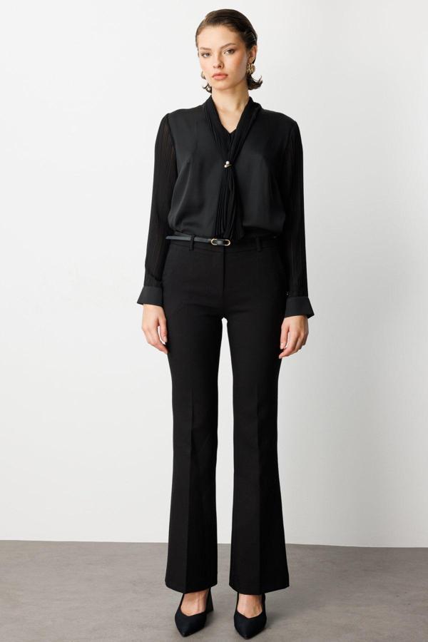 Ekol Kadın Beli Kemerli İspanyol Paça Pantolon 1011 Siyah - Image 1