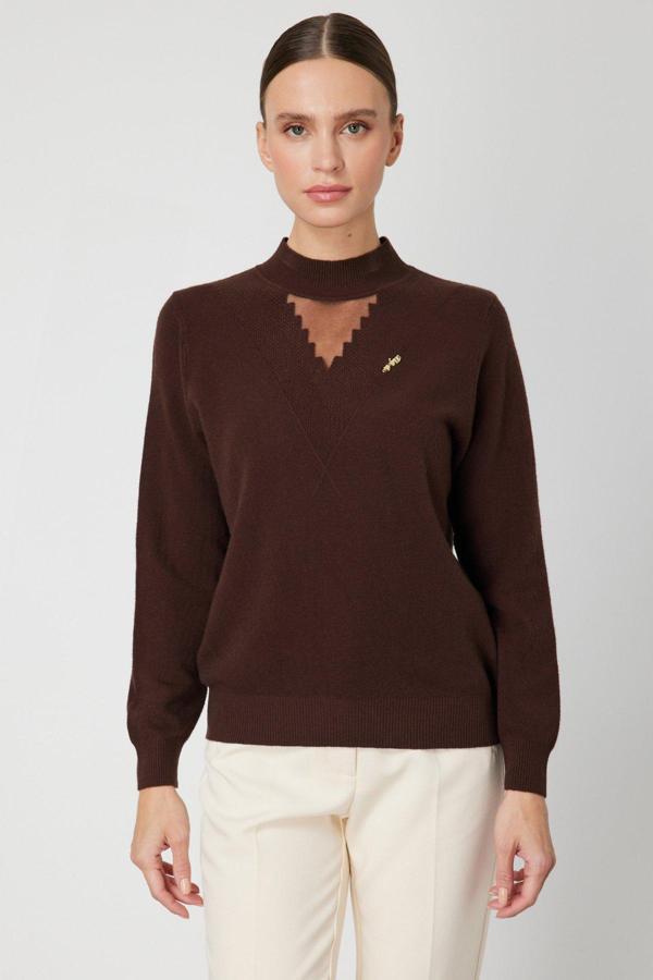 On Kadın Yakası Tül Detaylı Pamuklu Triko Kazak 60342 Kahverengi - Image 1