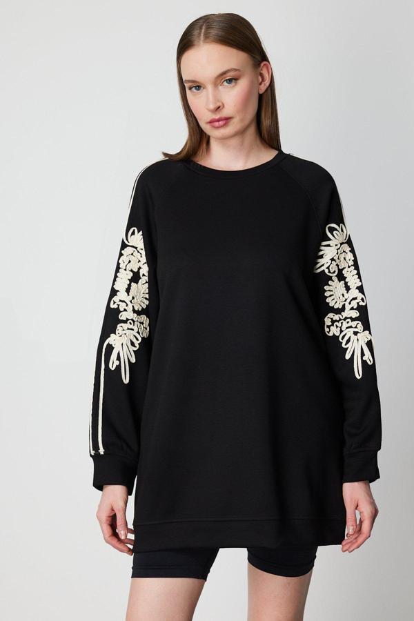 On Kadın Kolları İşlemeli Cep Detaylı Tunik 66381 Siyah - Image 1