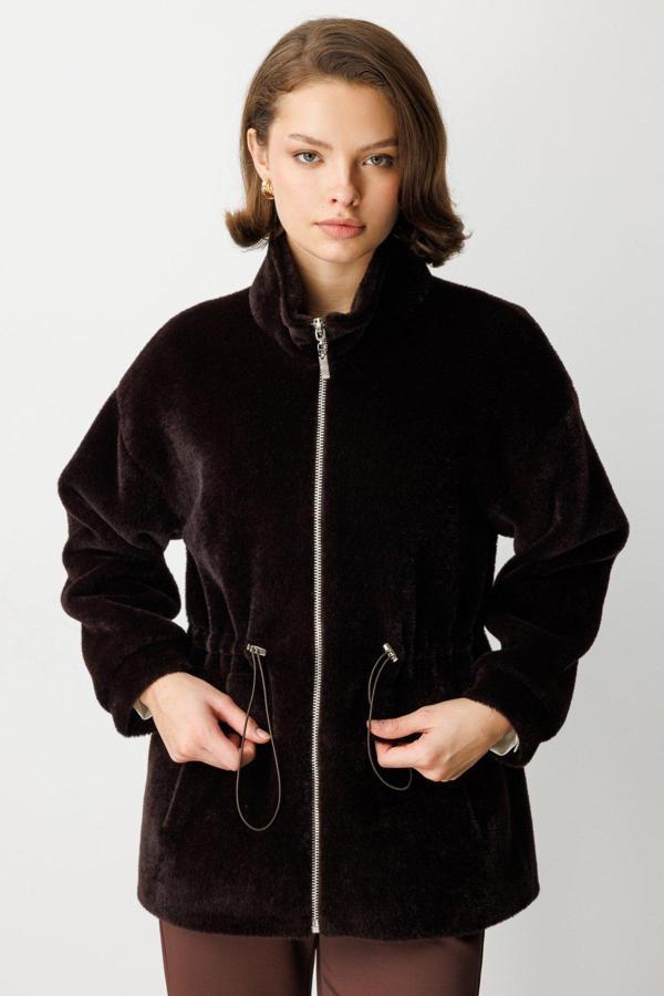 Ekol Kadın Dik Yaka Peluş Mont 6103 Kahverengi - Image 1