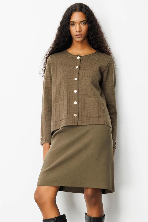 Desen Triko Kadın Kareli Simli Ceket 25065 Haki - Image 1