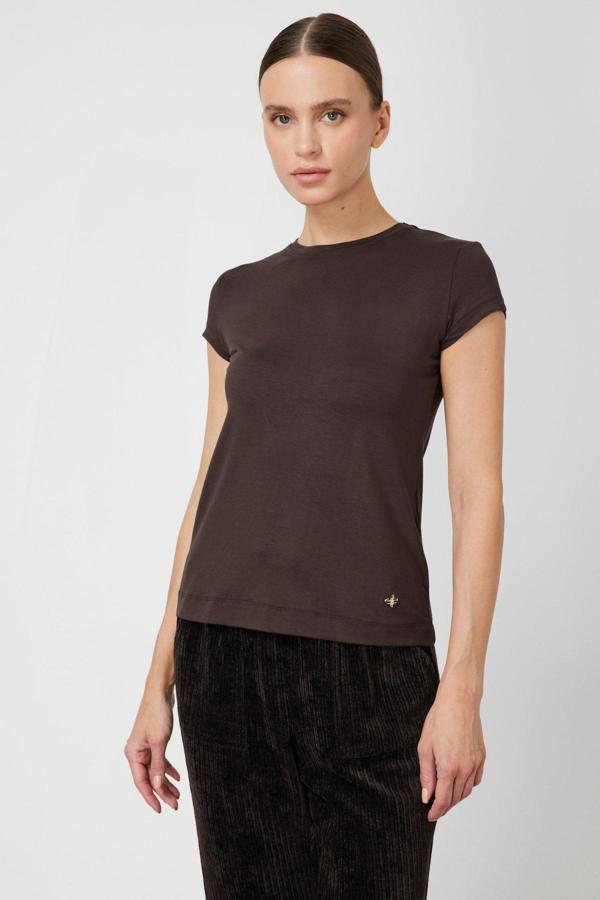 On Kadın Sıfır Yaka Ay Kol Basic Bluz 61302 Kahverengi - Image 1