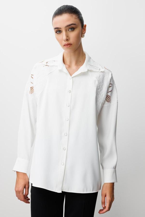 Moda İlgi Kadın Nakış Detaylı Oversize Gömlek 0095 Ekru - Image 1