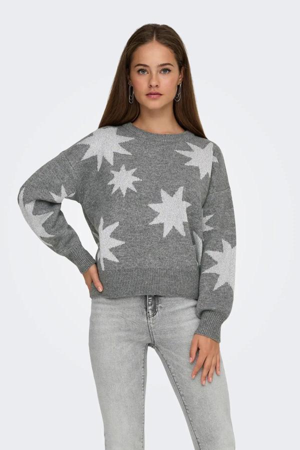 Only Kadın Onlrosıe Yıldız Desenli Bisiklet Yaka Örme Kazak 15328250 Gri - Image 1