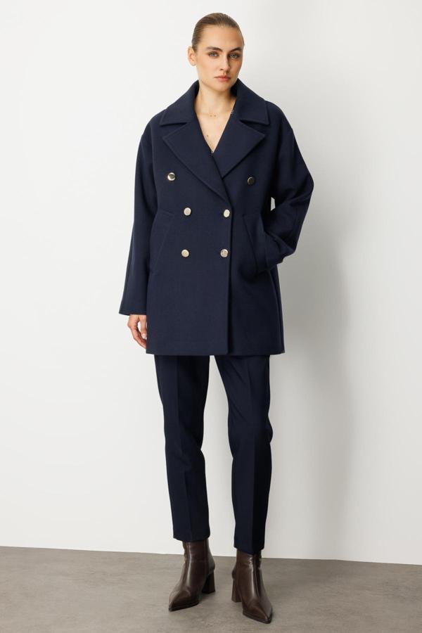 Ekol Kadın Kruvaze Yaka Yan Cepli Kaban 6093 Lacivert - Image 1