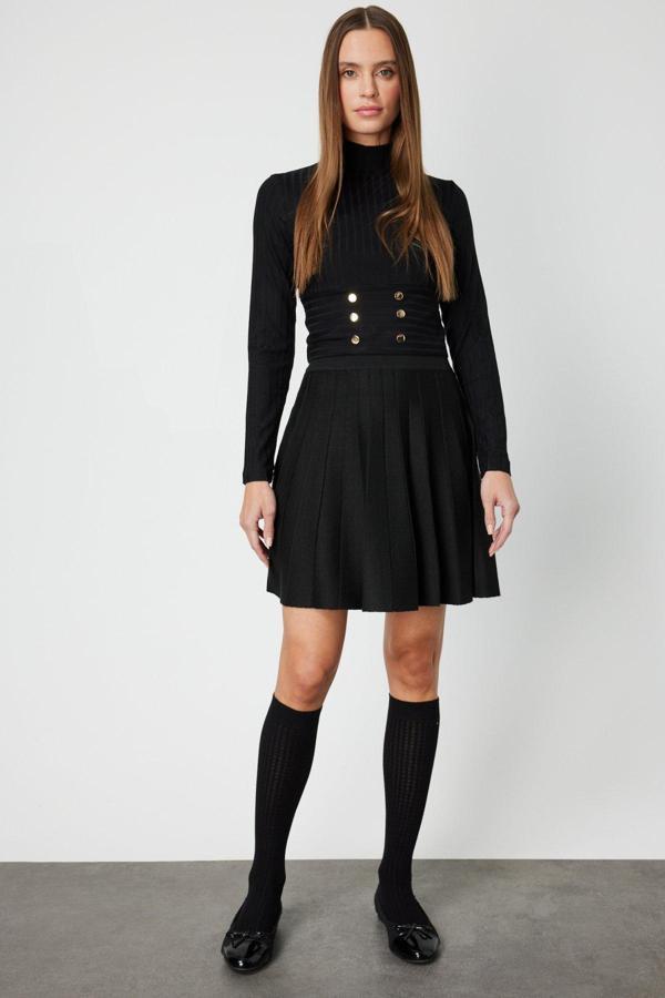 On Kadın Pileli Mini Triko Etek 65203 Siyah - Image 1