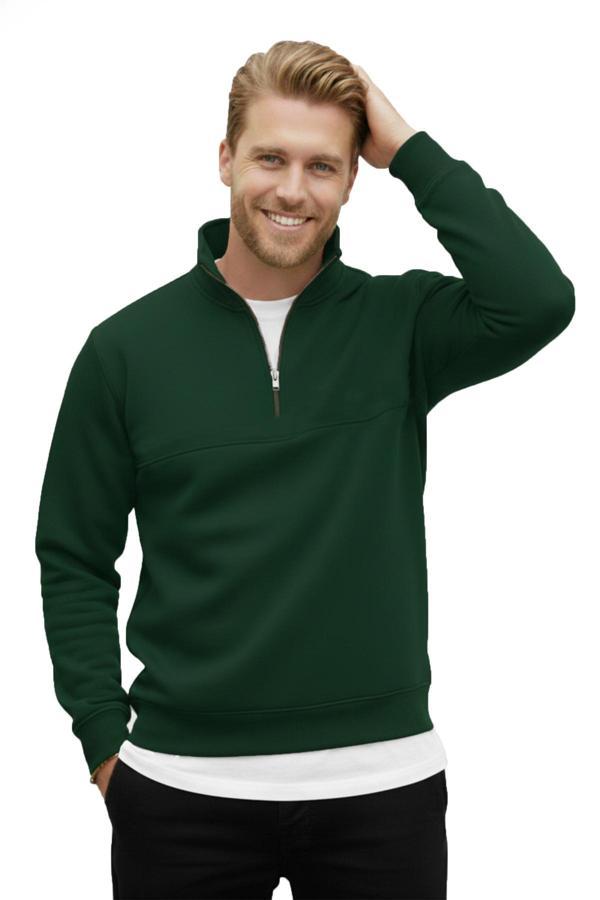 DeepSEA Erkek Yeşil Relax Fit İçi Polarlı %100 Pamuk Yarım Fermuarlı Dik Yaka Sweatshirt 2600760 - Image 1