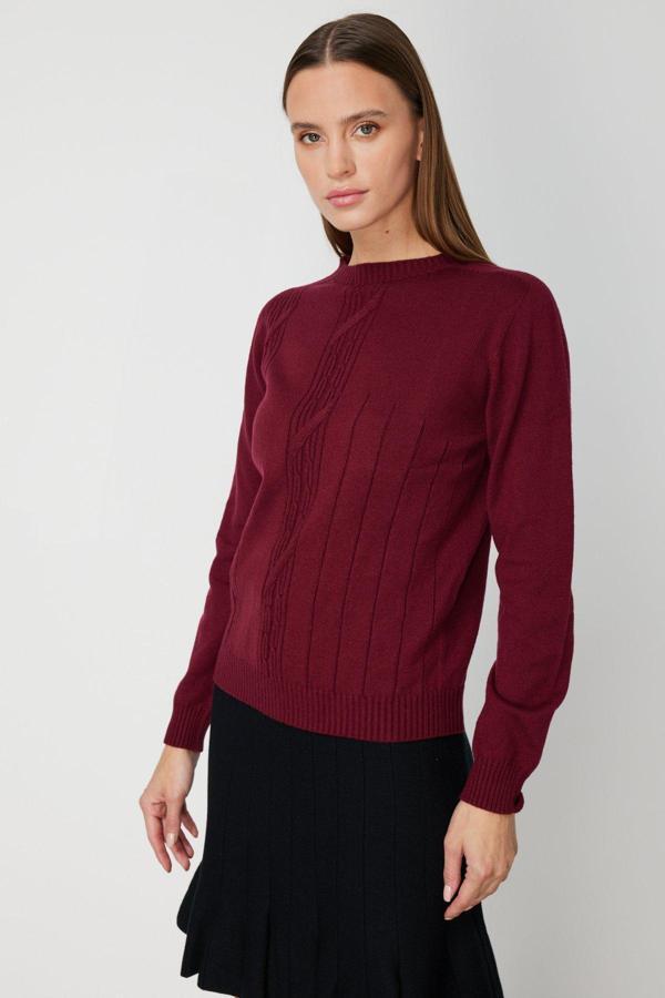 On Kadın Örgülü Sıfır Yaka Triko Kazak 69313 Bordo - Image 1