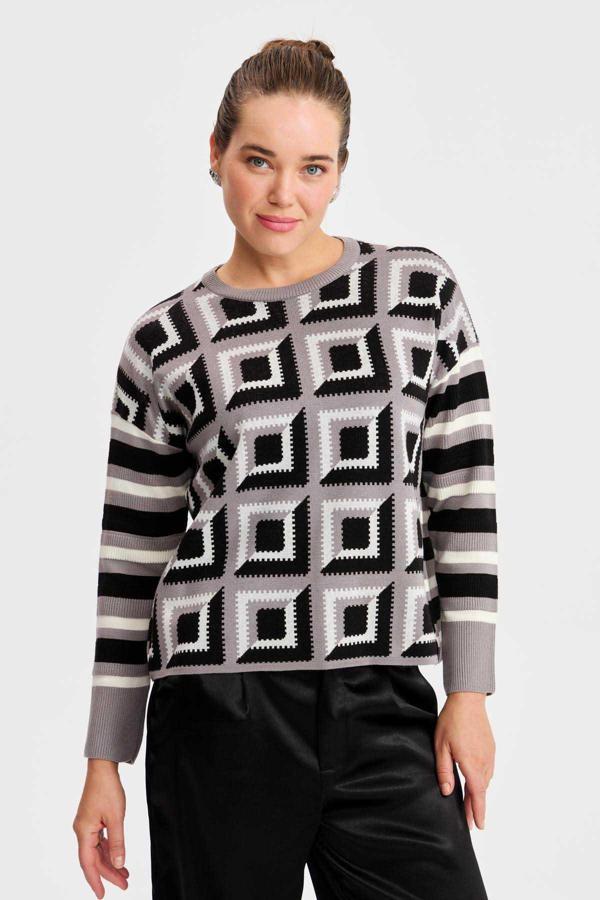 Two Mail Kadın Kare Desenli Bluz 22155 Gri - Image 1