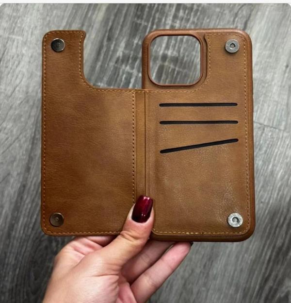 Apple iPhone 13 Pro Max Kılıf, Kart Yuvalı Lüks Kapaklı Deri Cüzdan, Telefon Kılıfı Açık Kahve - Image 1