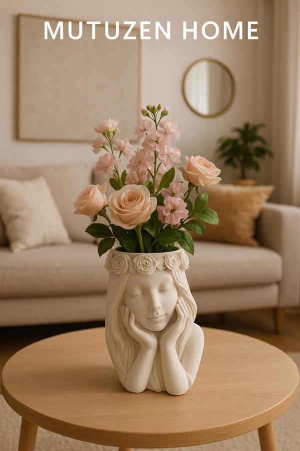 Dekoratif Uyuyan Kız Vazo - Kalemlik - Makyaj Fırçası Standı - Taş Tozu - Image 1