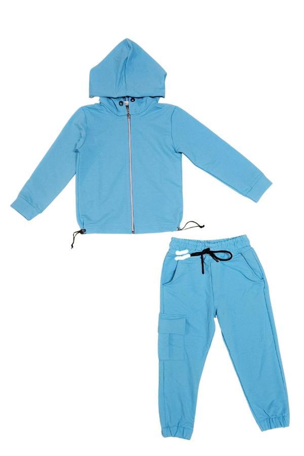 Kapşonlu Fermuarlı Beli Lastik Detaylı Kız Çocuk Günlük Eşofman Takımı 2 İplik MNK0664 MAVİ - Image 1