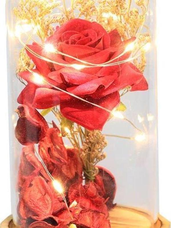 Fanus Gül 19/10cm Led Işıklı Cam Fanuslu Hediyelik - Image 1