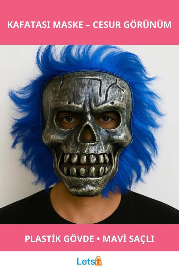 Gümüş Kafatası Mavi Saçlı Parti Maske Dayanıklı ve Rahat - Image 1