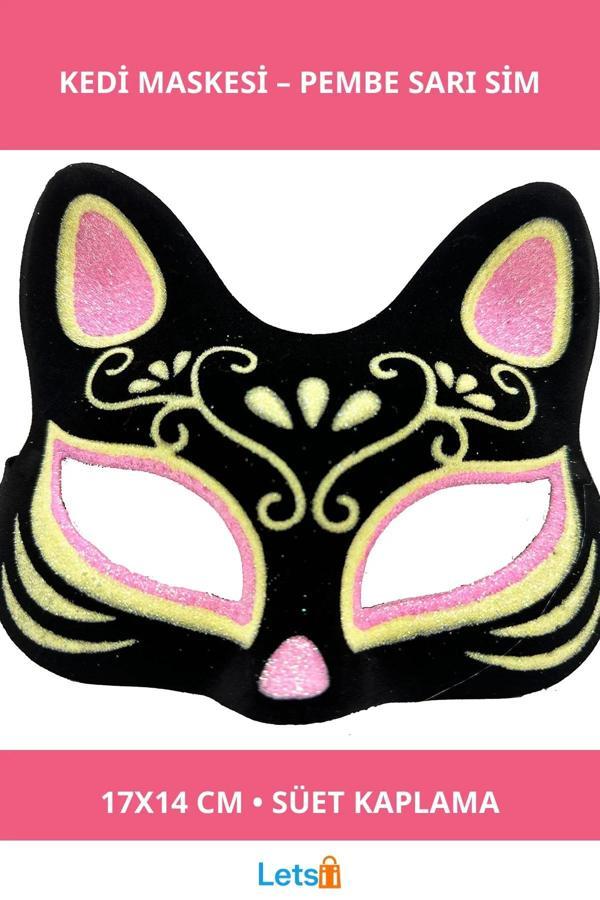 Süet Pembe Sarı Şık Kedi Maskesi 17x14 cm - Image 1
