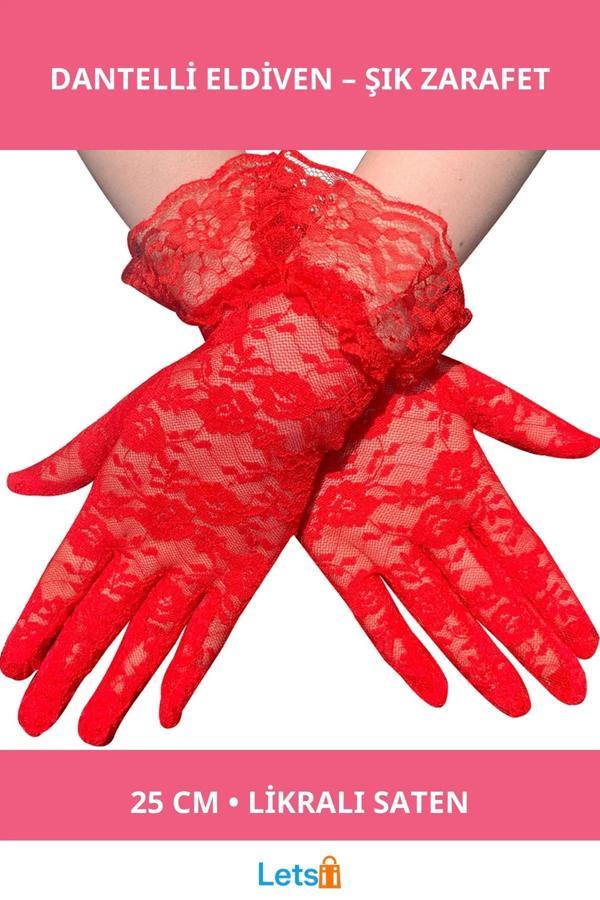 Kırmızı Dantel İşlemeli Yetişkin Eldiven Rahat ve Şık - Image 1