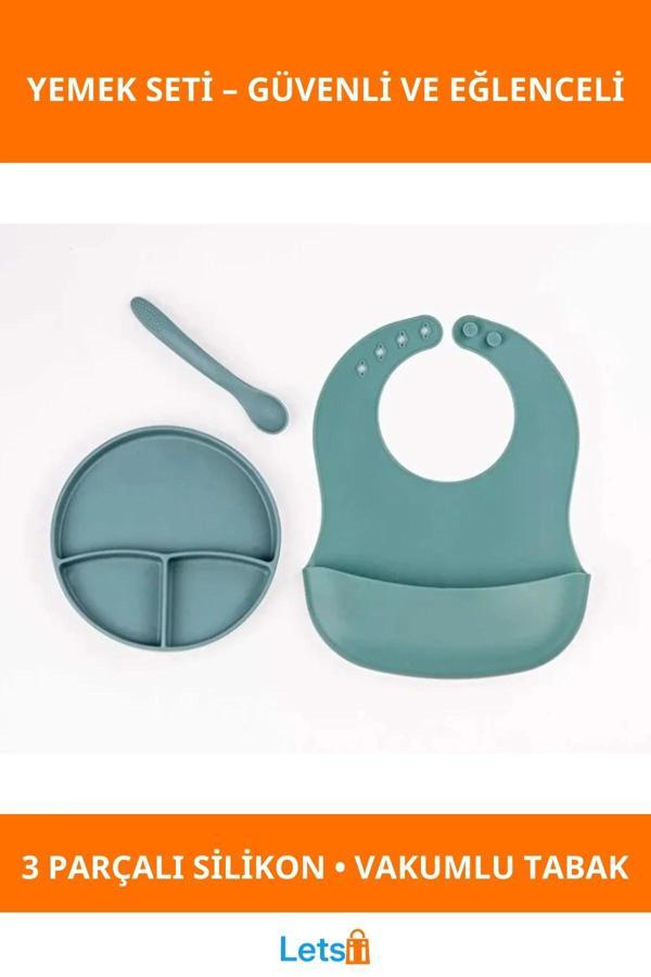 Yeşil Kaymaz Vakumlu 3 Bölmeli Silikon Tabak Diş Kaşıyıcılı Kaşık ve Ayarlanabilir Mama Önlüğü - Image 1