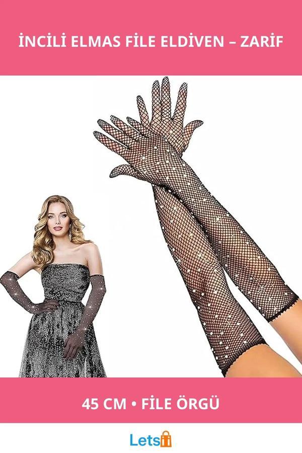 Siyah İncili Elmas File Örgü Uzun Eldiven - Image 1