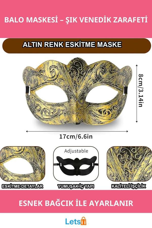 Altın Renk Eskitme Venedik Tarzı Parti Maskesi - Image 1