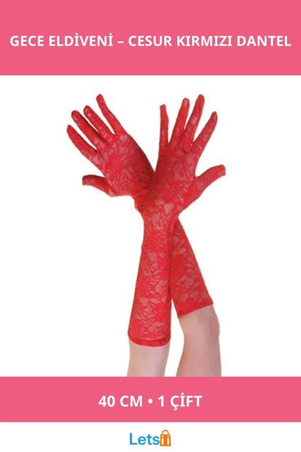 Kırmızı Uzun Boy Dantelli Gece Eldiveni - Image 1