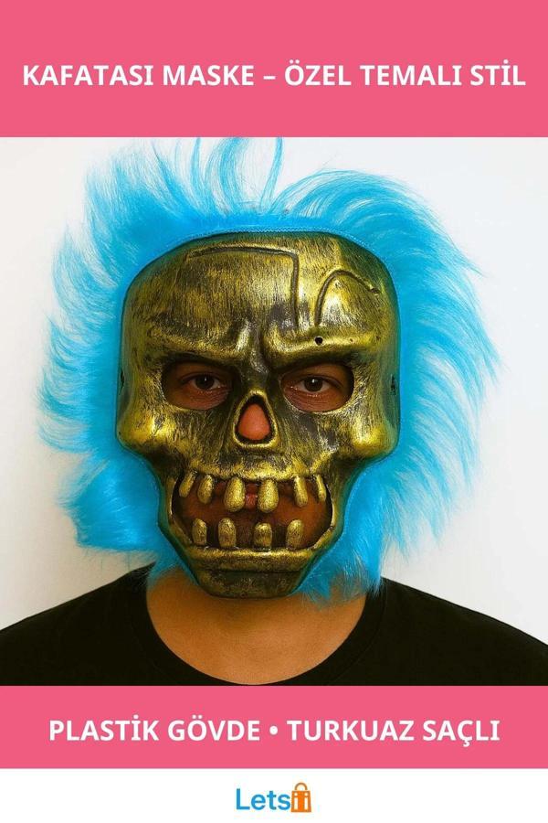 Bakır Renkli Turkuaz Saçlı İskelet Kafatası Maske - Image 1