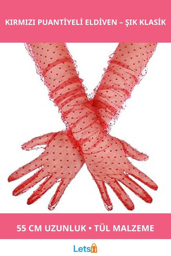 Uzun Boy Kırmızı Puantiyeli Tül Eldiven Yetişkin - Image 1