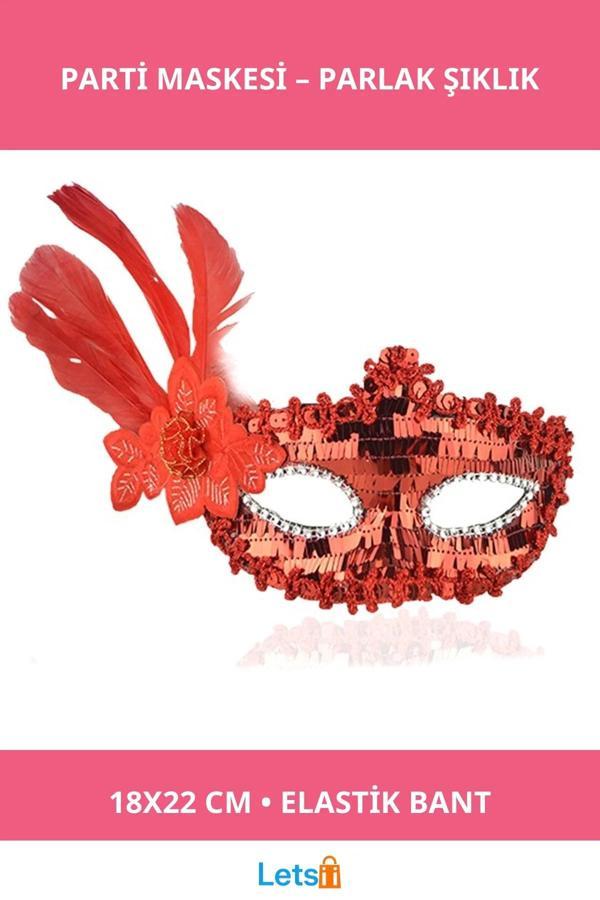 Kırmızı Payetli Pullu Tüylü Parti Maskesi Yetişkinler İçin - Image 1