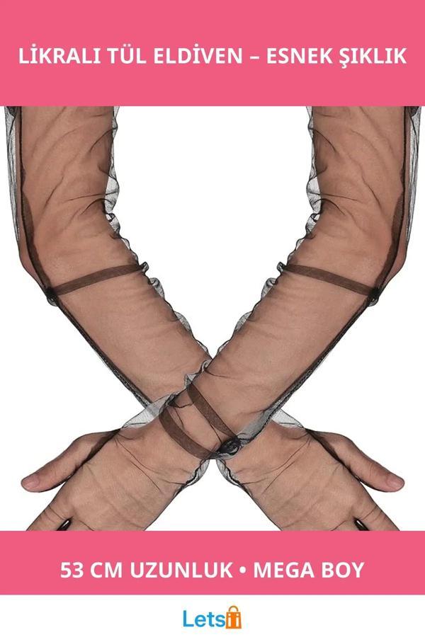 Uzun Boy Likralı Siyah Mega Tül Eldiven 53 cm - Image 1