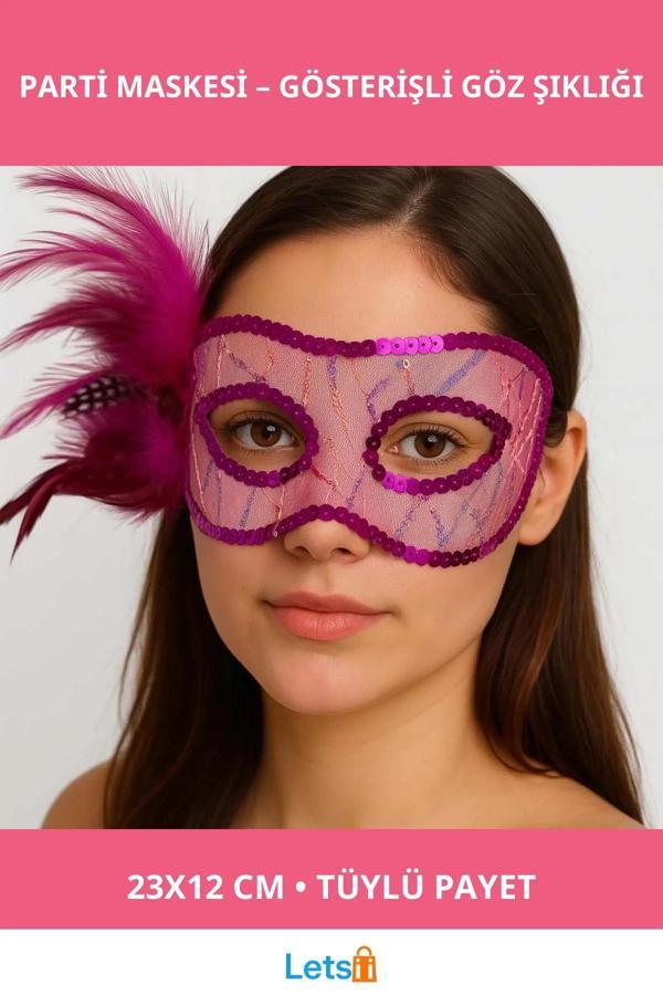 Fuşya Renk Yandan Tüylü Pul Payet İşlemeli Parti Maskesi 23x12 cm - Image 1