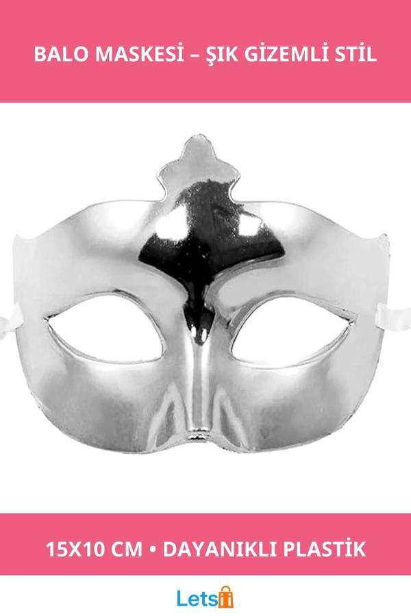 Gümüş Parlak Dayanıklı Plastik Balo Maskesi 15x10 cm - Image 1