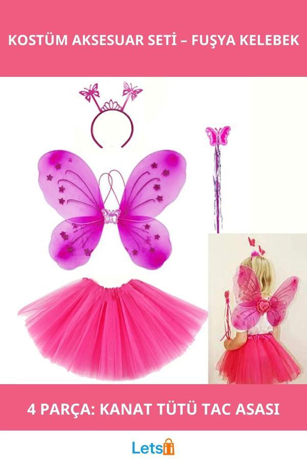 Fuşya Kelebek Kostüm Aksesuarı Tütü Etek Kanat Taç Asası - Image 1