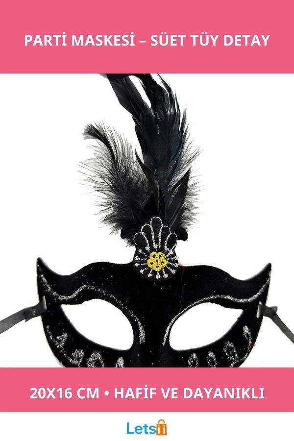 Siyah Tüylü Şık Süet Parti Maskesi 20x16 cm - Image 1