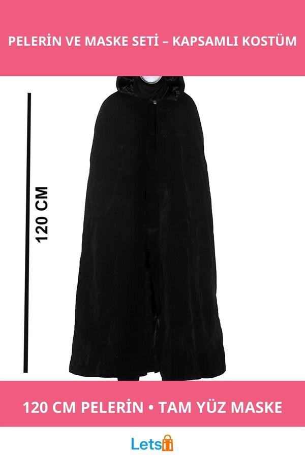 Siyah Kapüşonlu 120 cm Pelerin ve Beyaz Boyanabilir Tam Yüz Maske Kostüm - Image 1