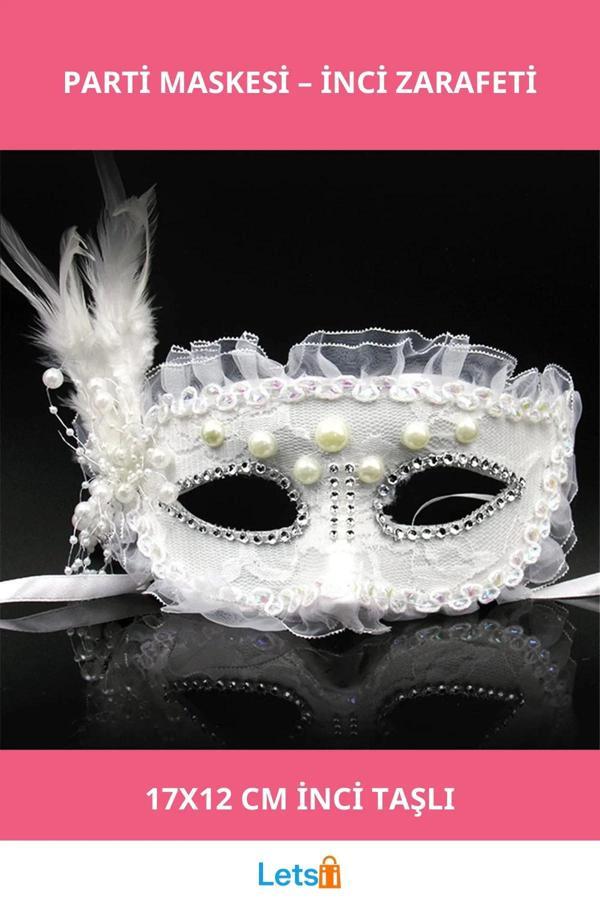 Beyaz İnci Taşlı Şık Parti Maskesi 17x12 cm - Image 1