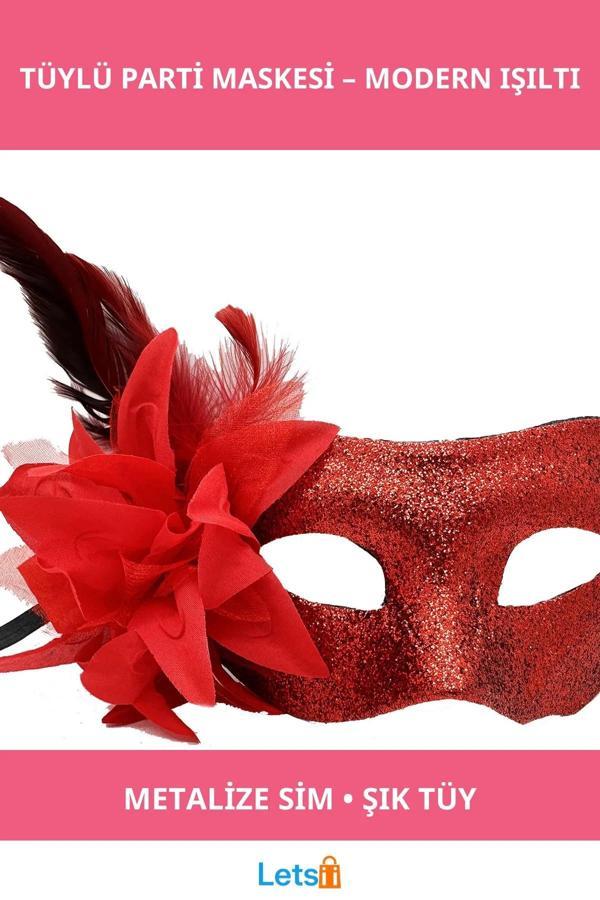 Kırmızı Renk Parlak Tüylü Parti Maskesi 22x19 cm - Image 1