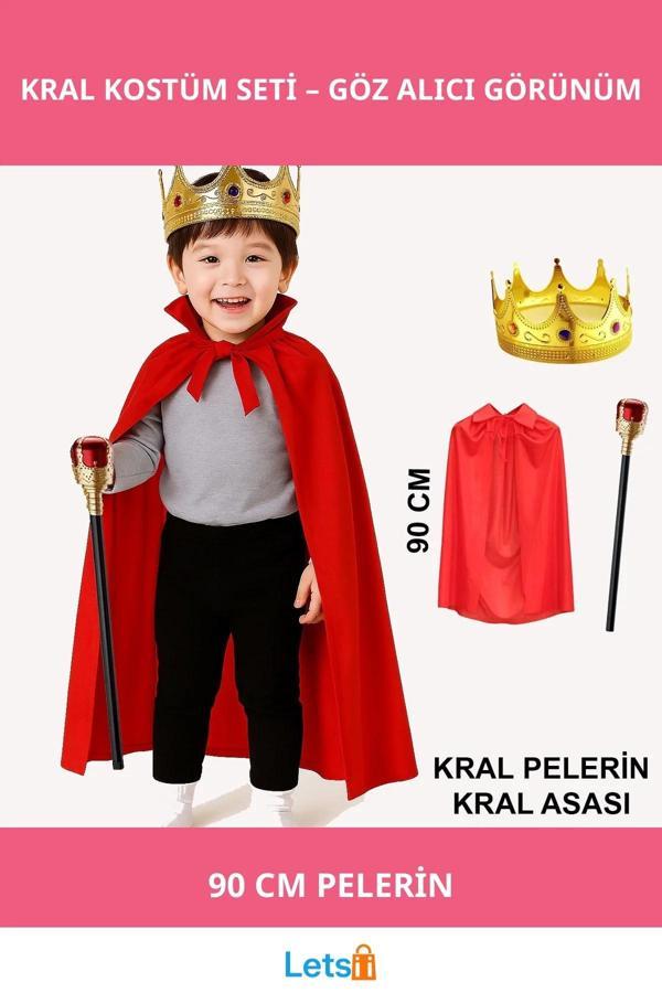 Çocuk Kral Kostüm Seti Kırmızı Pelerin, Altın Taç ve Asa - Image 1