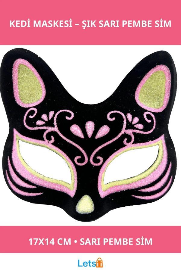 Siyah Süet Sarı Pembe Simli Kedi Maskesi - Image 1