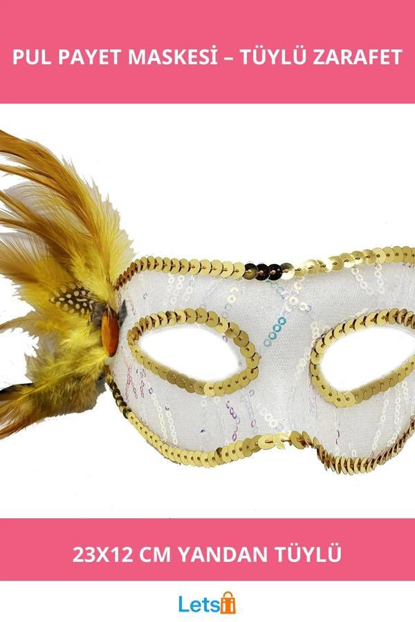 Altın Yandan Tüylü Pul Payet Parti Maske - Image 1