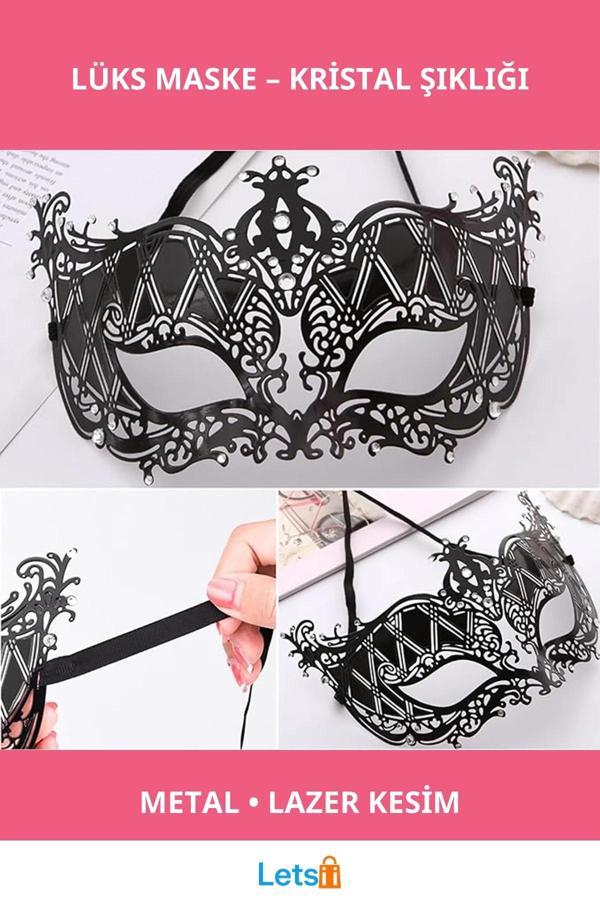 Kristal Gümüş Taşlı Siyah Lazer Kesim Metal Lüks Maske - Image 1