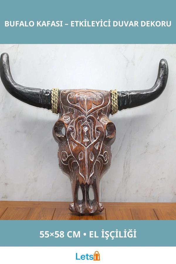 Doğal Ahşap El İşçiliği Duvara Asmalı Bufalo Kafası 55x58 cm - Image 1