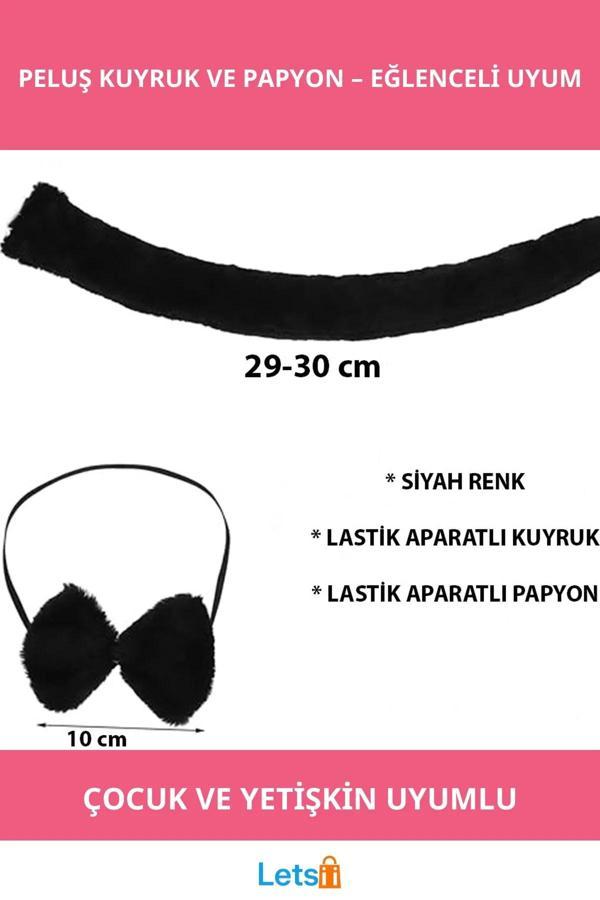 Yumuşak Peluş Siyah Kuyruk ve Papyon Aksesuar Takımı - Image 1