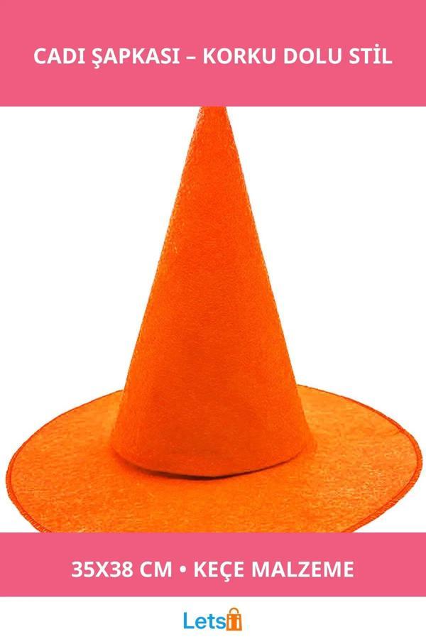 Parlak Turuncu Keçe Cadı Şapkası Cadılar Bayramı Aksesuarı - Image 1