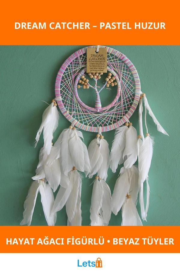Pastel Rüya Kapanı Beyaz Tüyler İle Hayat Ağacı Figürlü Dekorasyon - Image 1
