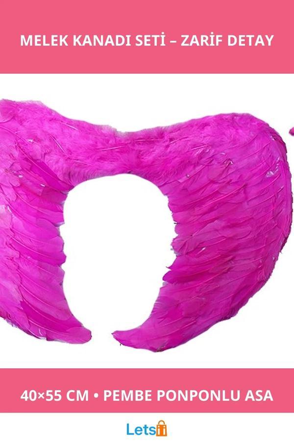 Pembe Gerçek Tüylü Katlanabilir Melek Kanadı Metalize Yıldız Asa Seti - Image 1