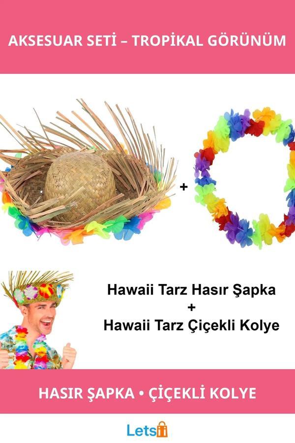 Tropikal Çiçekli Hasır Şapka ve Hawaii Kolye Seti - Image 1