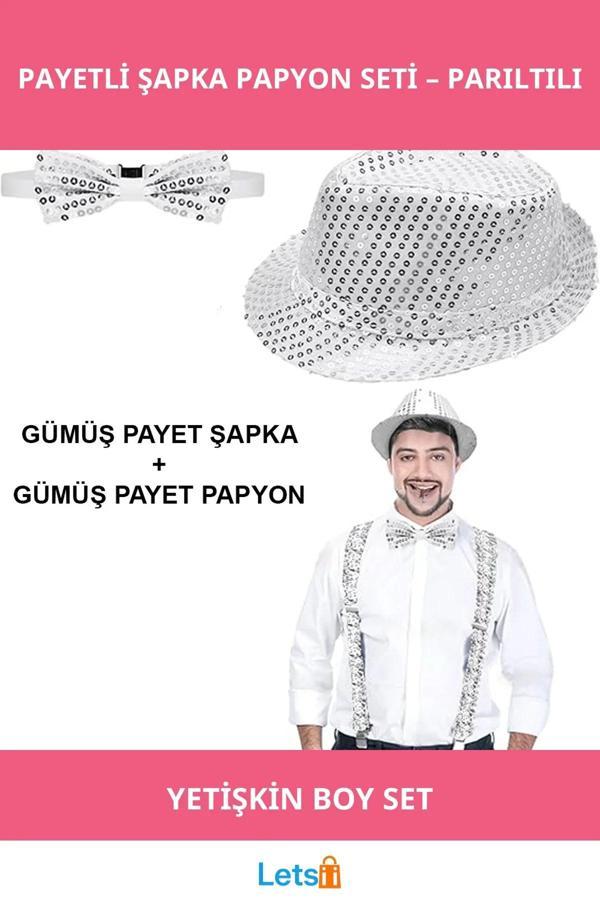 Gümüş Payetli Parıltılı Şapka ve Papyon Kostüm Aksesuarı - Image 1